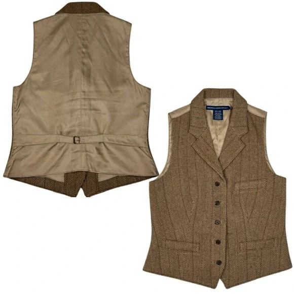 Ralph Lauren Sport Vest Women 10 Brown Herringbone Wool Tweed Waistcoat Academia - Picture 2 of 10